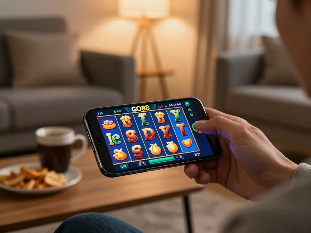 Engaging in GO88 mobile gameplay with vibrant slot symbols on a smartphone in a cozy living room.