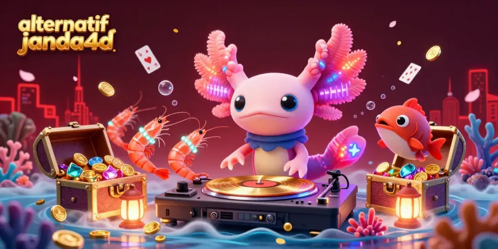 Gambarkan alternatif janda4d, dengan DJ axolotl cerah dikelilingi oleh harta karun dan elemen permainan.
