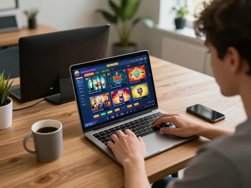 Engaging with situs slot games on a laptop at home, showcasing a vibrant gaming atmosphere