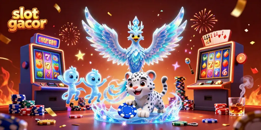 Engaging slot gacor scene with a colorful slot machine, ice phoenix, and poker elements.