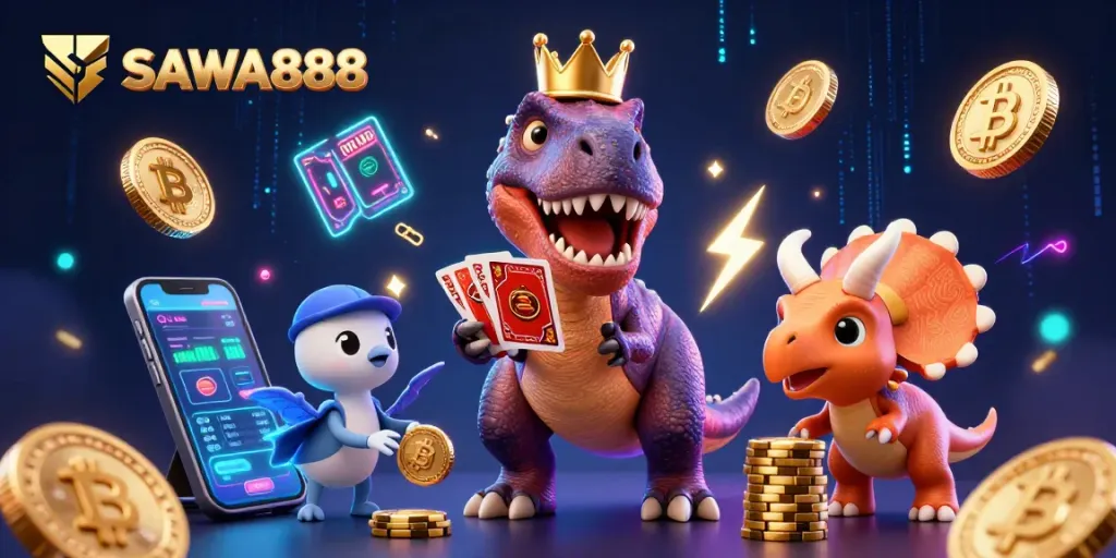 Engage in thrilling gameplay with SAWA888 as vibrant 3D casino characters shuffle cards and stack chips.