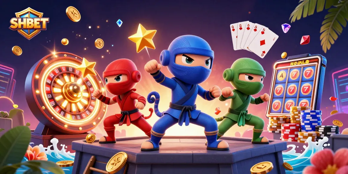Win big with SH BET in an action-packed 3D casino scene featuring colorful chameleon ninjas.