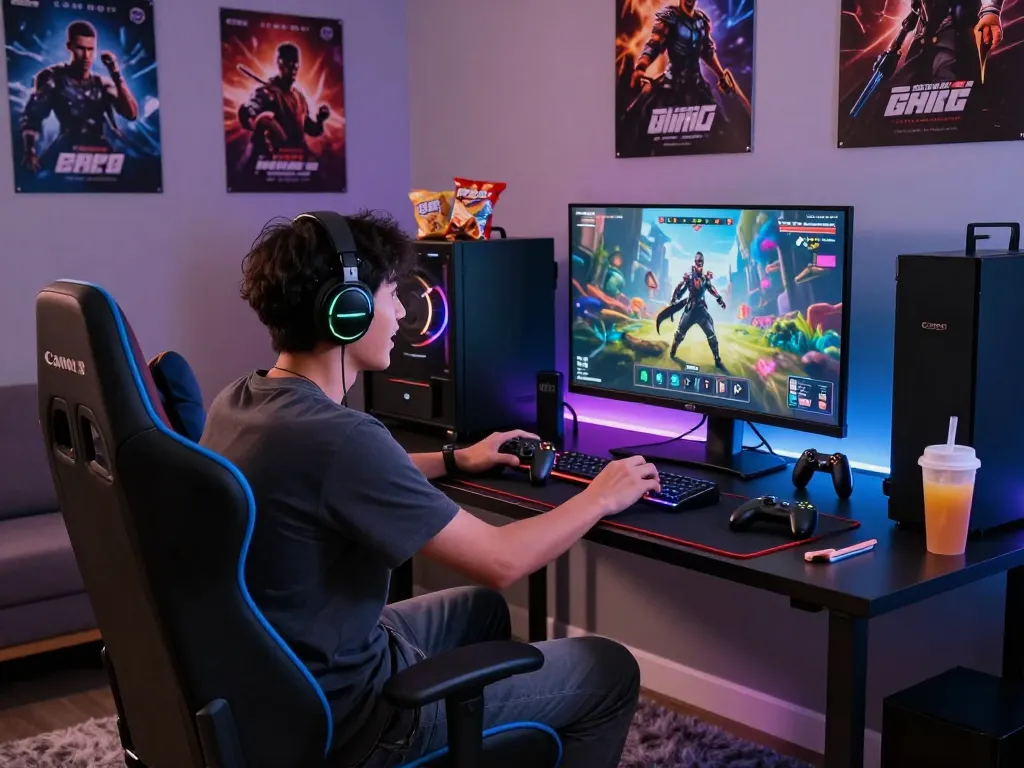 Player immersed in an adult game experience within a vibrant gaming room atmosphere.