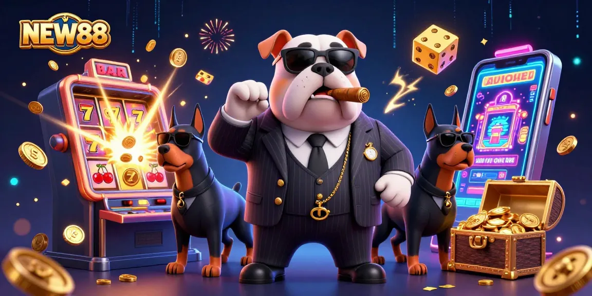 Experience the excitement of NEW88 with animated characters and thrilling casino motifs in a vibrant scene.