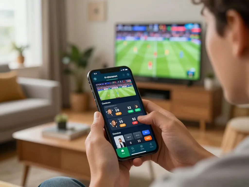 Engaging sports betting scene on mposport app with user excitedly placing bets.