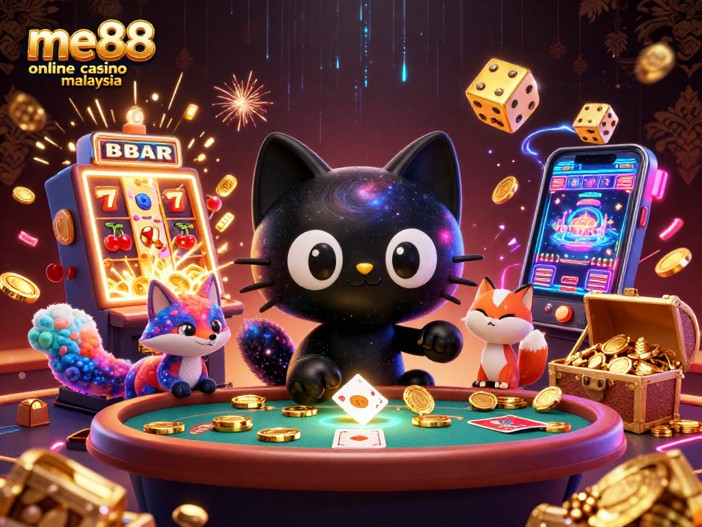 Experience the thrill at me88 online casino malaysia with a cosmic 3D illustration featuring a black hole cat and vibrant games.