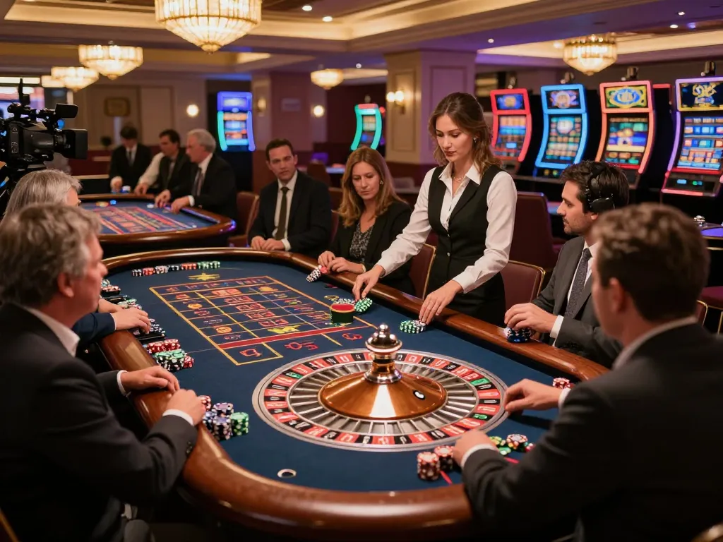 Players at anOKFUN casino enjoying a lively roulette game with vibrant chips and a dynamic atmosphere