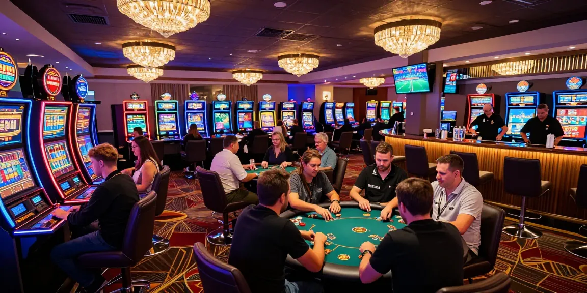 Dynamic gaming floor at a non UK casino with players enjoying slots and poker, vibrant atmosphere.