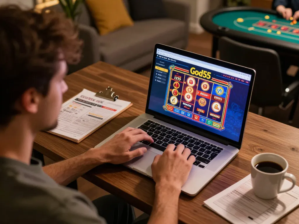 Engaging player interacting with god55 casino on a laptop in a cozy home setup.