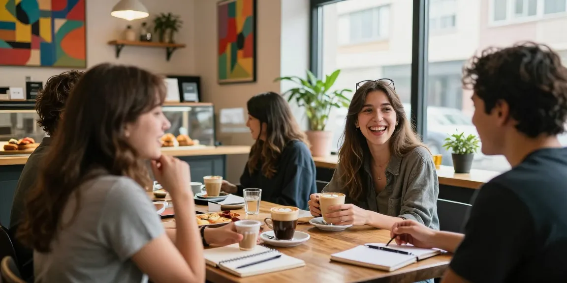 A cozy café scene with friends laughing about crush on romantic interests over coffee.
