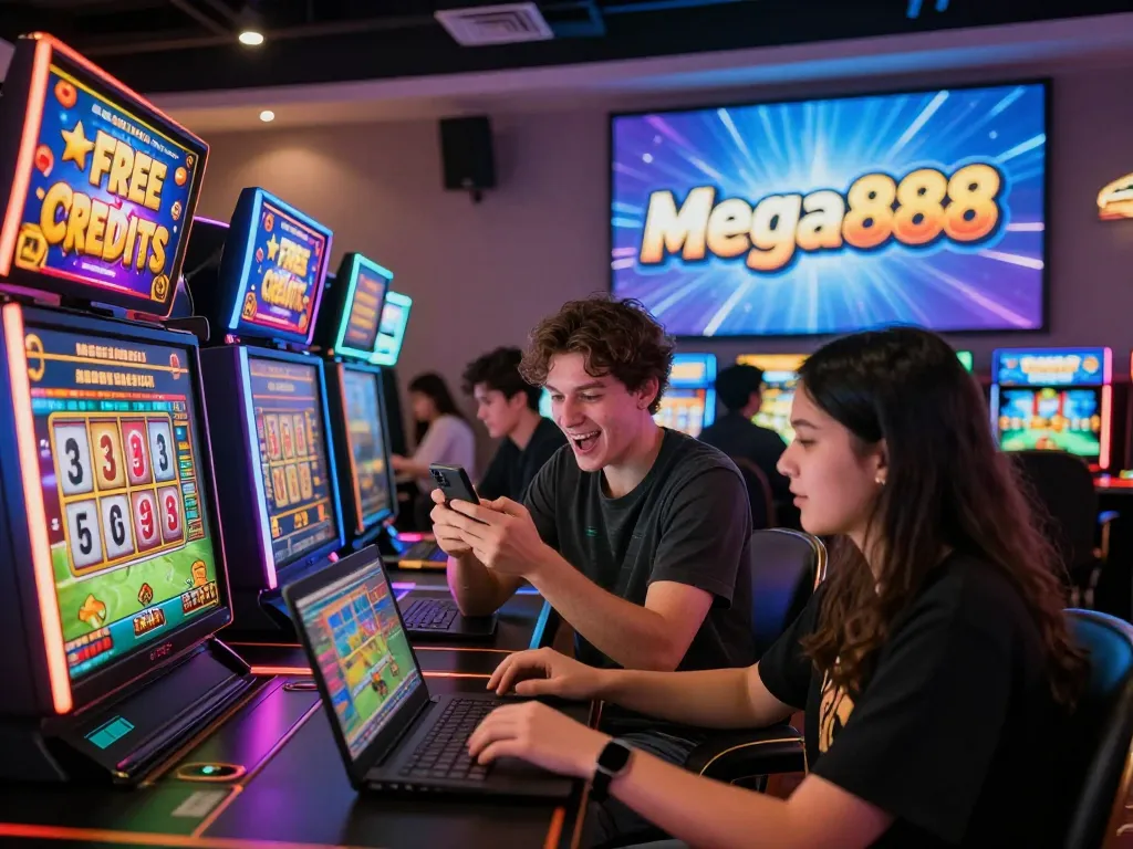 Engaged players maximizing free credit Mega888 in an exciting digital casino atmosphere