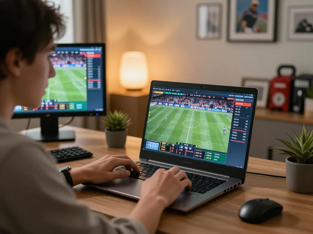 F8 BET user strategizing sports bets in a cozy home environment, showcasing excitement.