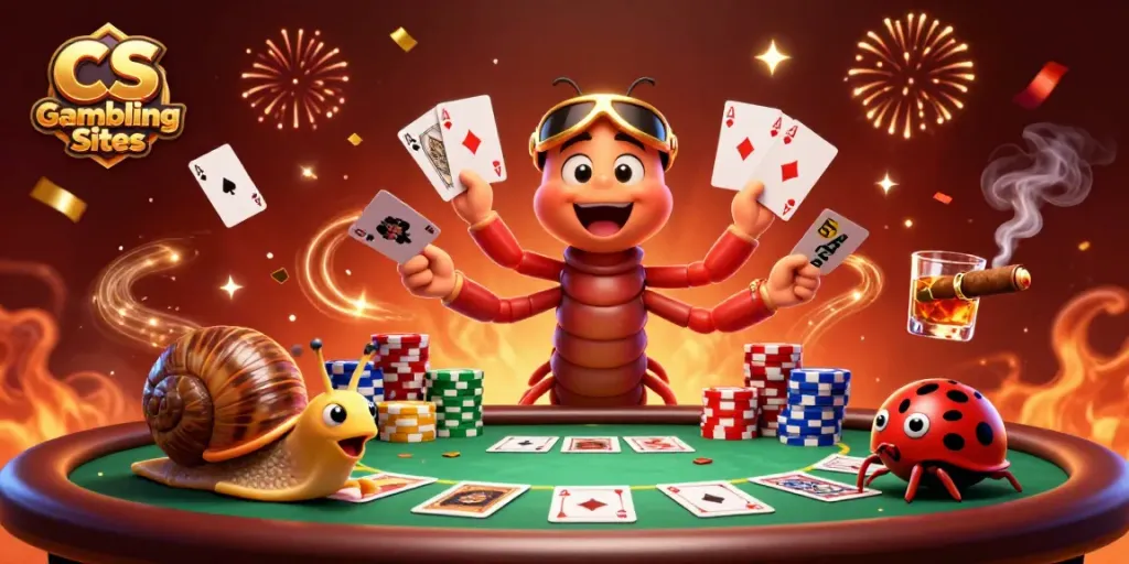 Visualize CS Gambling Sites with a vibrant 3D millipede dealer, ecstatic snail, and excited pill bug at the poker table.