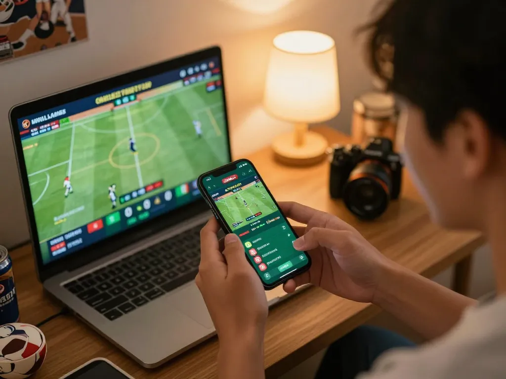 Engaging in online sports betting on a smartphone during an exciting match, showcasing m114 betting strategies.