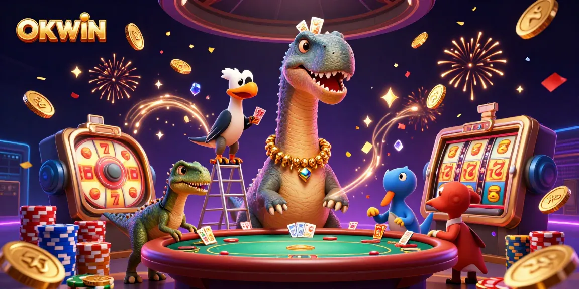 Experience the thrill of winning at OKWIN with an exciting 3D casino illustration packed with games and rich details.