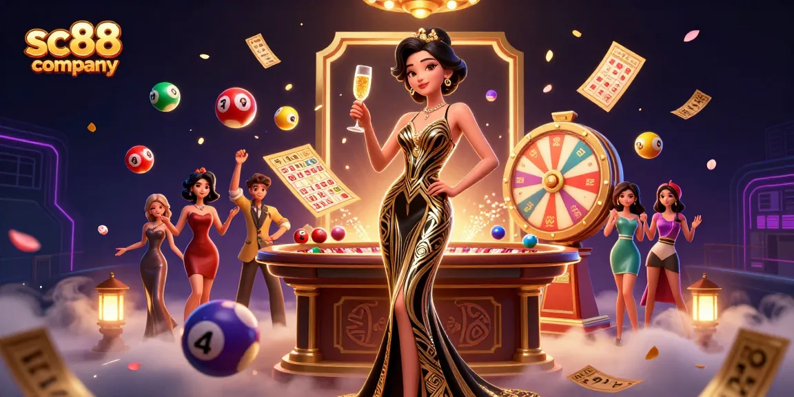 Win with sc88 company in a vibrant illustration of a casino scene featuring glamorous gaming elements.