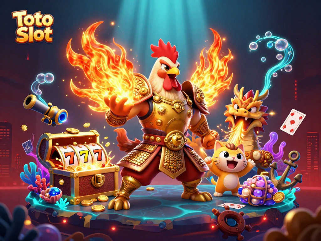 Toto Slot's exciting 3D illustration showcases a dynamic scene of gambling action with characters and themed elements.