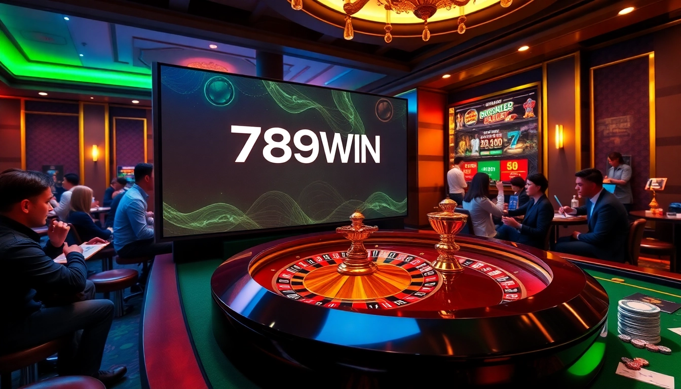 Engage in an exciting casino atmosphere with 789WIN at a vibrant roulette table, filled with colorful chips.