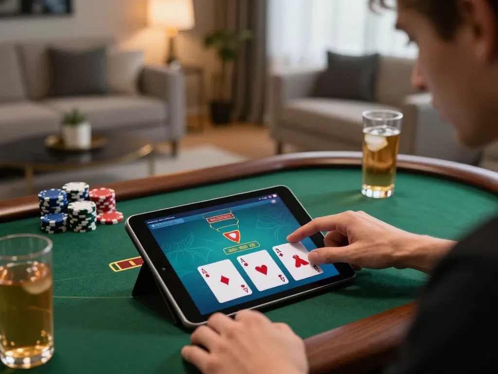 Engaging in online poker gaming on a tablet, showcasing tg88 interface and lively home atmosphere.