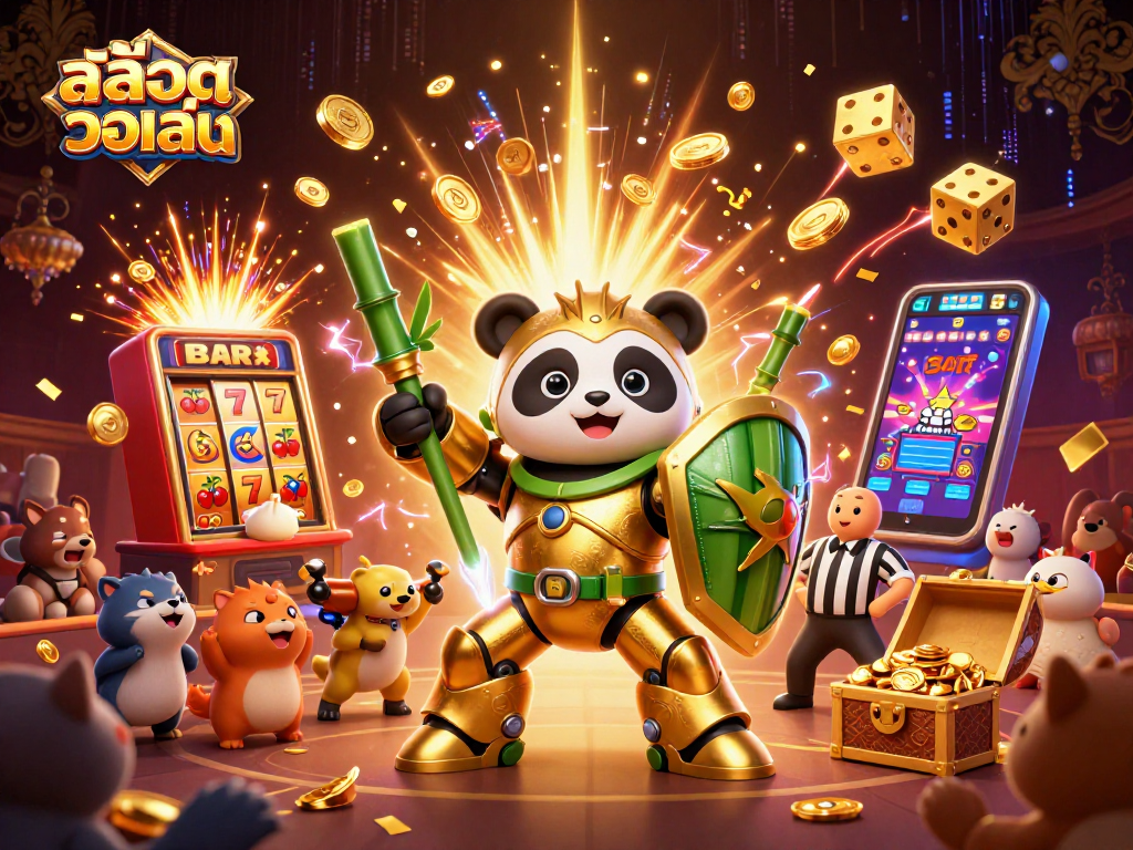 Engage with สล็อตวอเลท in an exciting 3D casino scene featuring a golden panda and dynamic game elements.