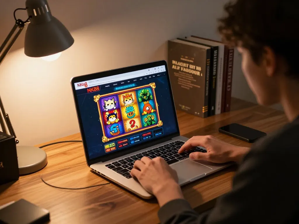 Engaging gameplay experience at home with NK88 link on screen, showcasing exciting slot games.
