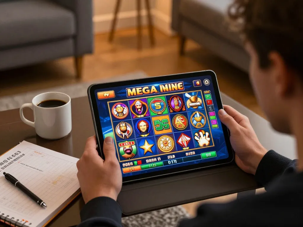 Experience thrilling gameplay with mega slot digital interface in a cozy home setting.