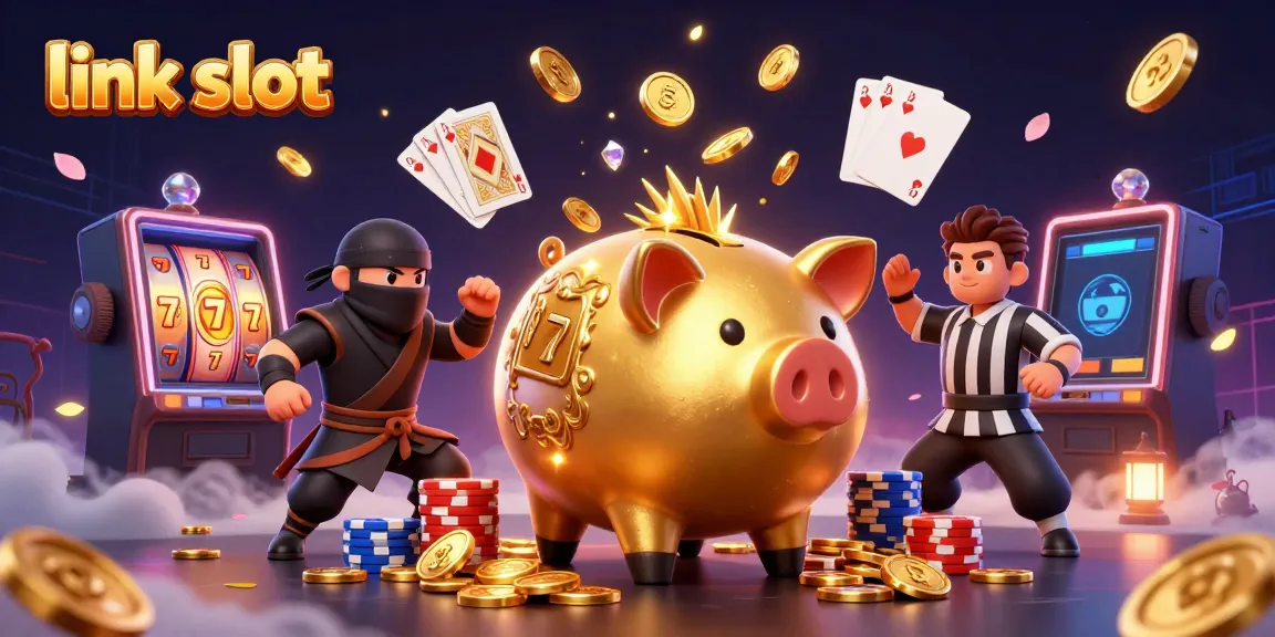 Mencoba link slot dengan ilustrasi karakter kasino berwarna cerah yang penuh aksi dan koin emas terbang.