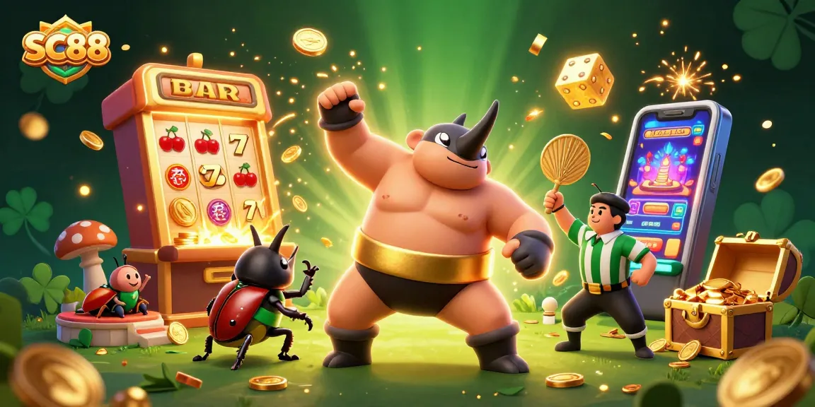 Action-packed SC88 scene showcasing a rhinoceros beetle champion, coins flying, and vibrant casino elements.