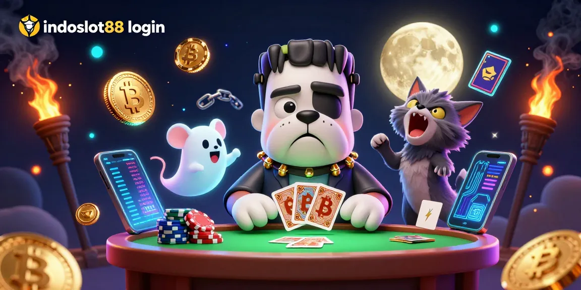 Experience the thrill of indoslot88 login at an exciting ghostly card table with vibrant crypto elements.