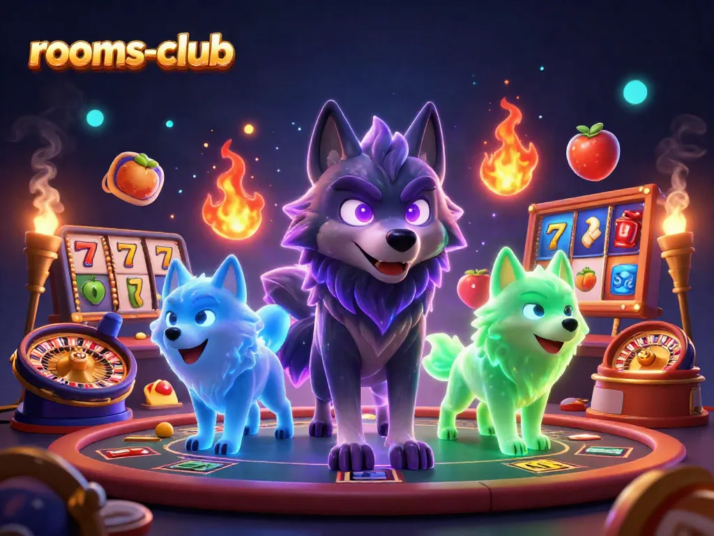 Ilustrasi 3D kasino dengan bayangan serigala mencolok dan elemen permainan di rooms-club