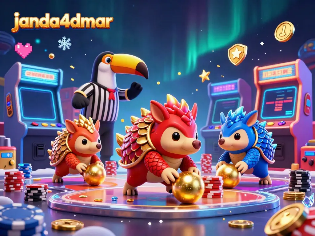 Gambarkan pengenalan permainan janda4dmar dengan dua pangolin bertanding di kasino, dikelilingi mesin arcade 3D.