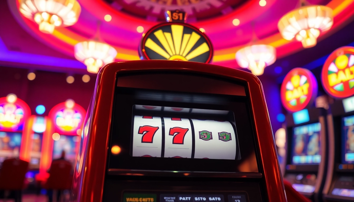 JalanToto menang di mesin slot, pencahayaan cerah dan suasana kasino yang meriah.