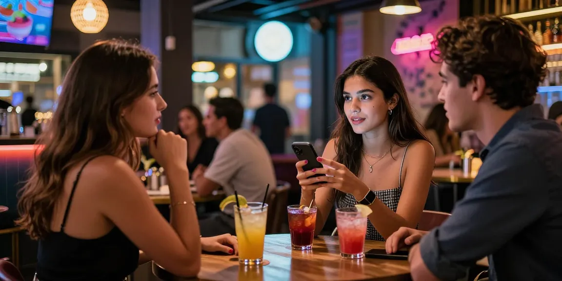 Gái gọi trong không gian bar hiện đại, trò chuyện và thư giãn với bạn bè.