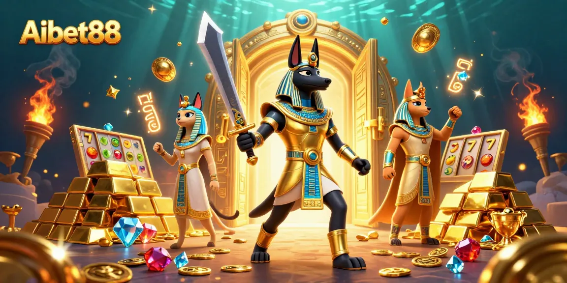 Aibet88 presents an exciting 3D image with Anubis and Bastet amidst treasure and slot reels.