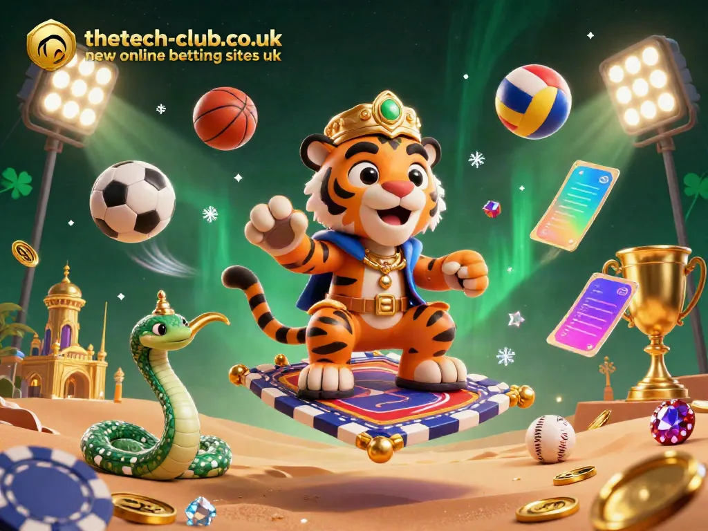 Experience the excitement of sports betting with thetech-club.co.uk new online betting sites uk featuring a vibrant depiction of a tiger sultan on a magical carpet, sports elements, and a joyous gaming atmosphere.