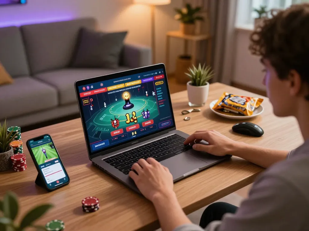 Engaged player at a modern home desk enjoying online gambling experience with nhà cái uy tín on laptop.