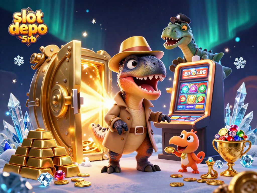 Engage with slot depo 5rb gameplay illustrated by a cartoon velociraptor card counter at a slots table.
