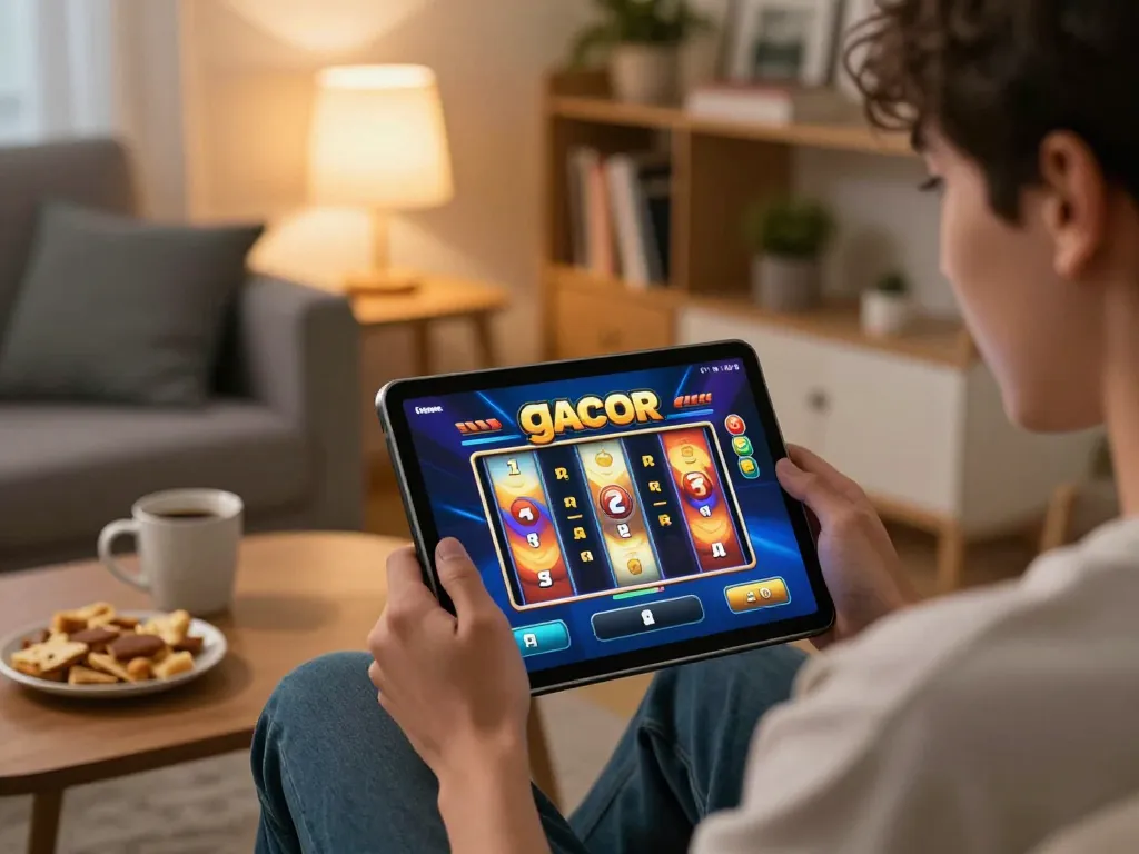 Engaging in slot gacor gameplay on a tablet, surrounded by a cozy home atmosphere
