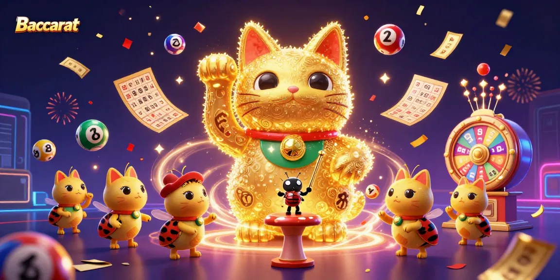 Baccarat gambling scene with a lucky cat and colorful lotto elements in a vibrant casino atmosphere