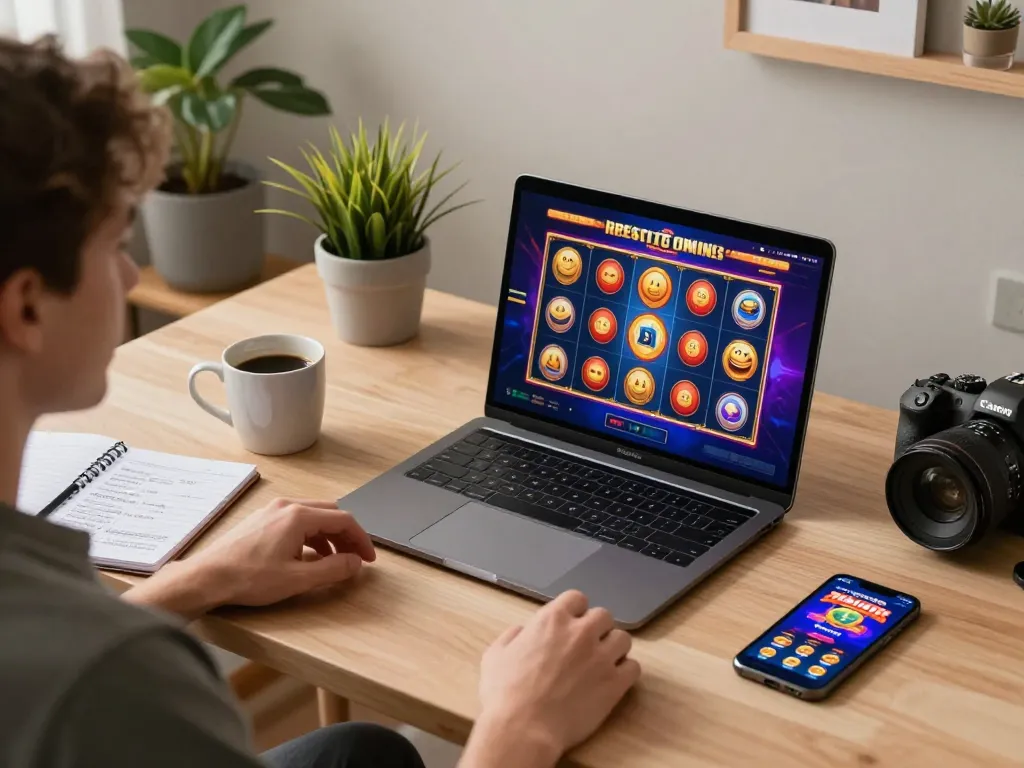 Engaged player enjoying slot online game on laptop in cozy home office.