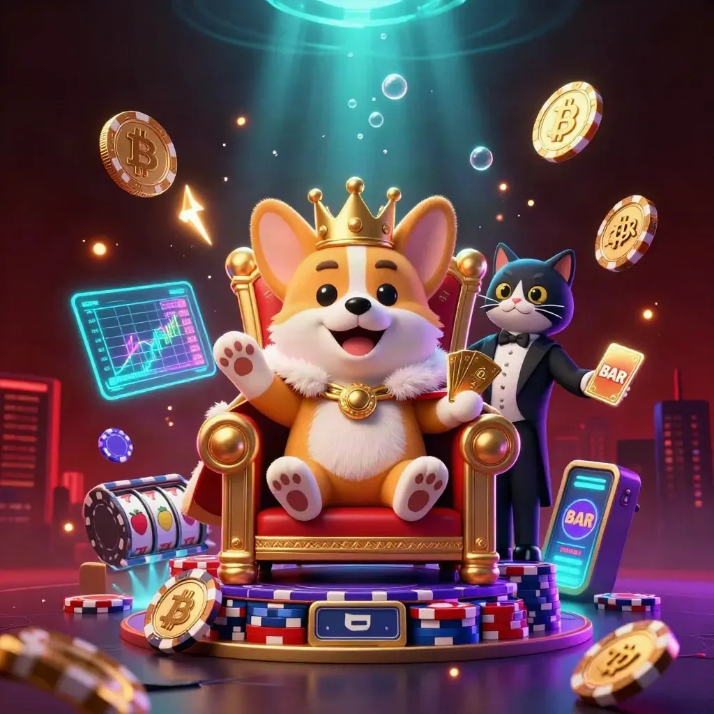 Royal corgi and cat butler amid jackpot coins, slot symbols, neon lightning, and cinematic casino glow.
