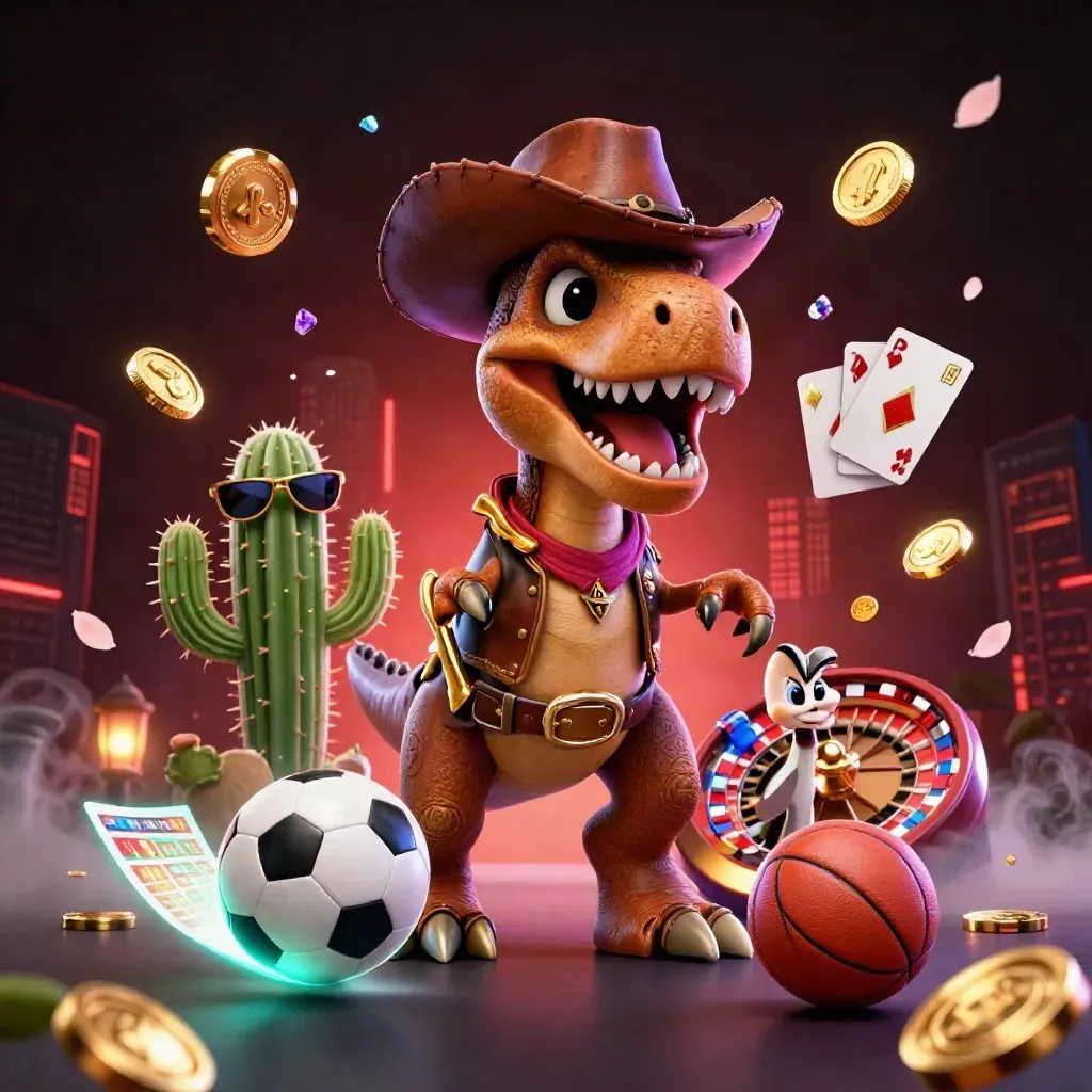 Cowboy T-Rex, cactus, and roadrunner amid flying sports balls, coins, and casino neon