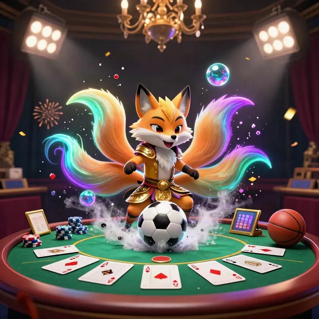 Neon fox spirit and samurai mouse amid soccer turf spray, poker chips, cards, and sparks.