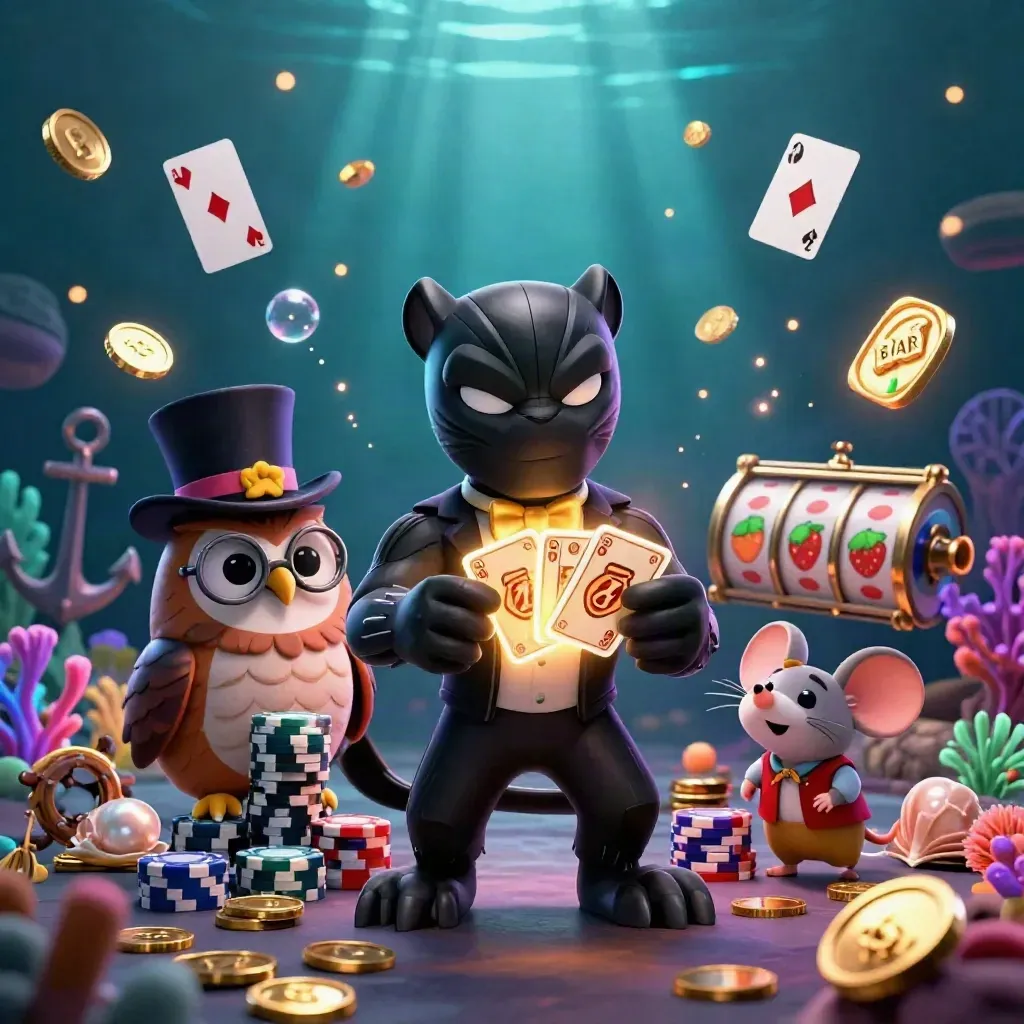 Panther, owl, and mouse in a glittering underwater casino treasure cove.