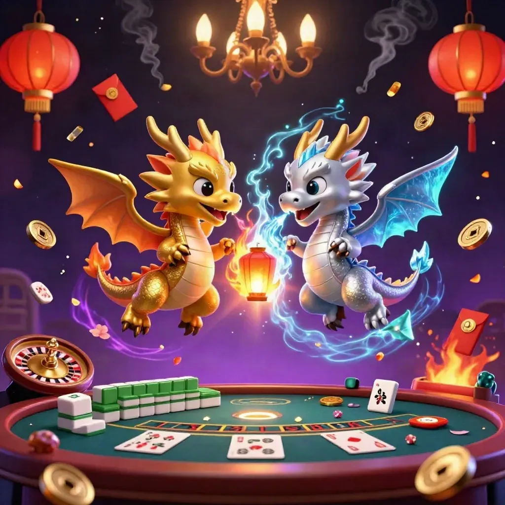 Twin gold and silver dragons amid casino magic, lanterns, coins, and a glowing yin-yang.