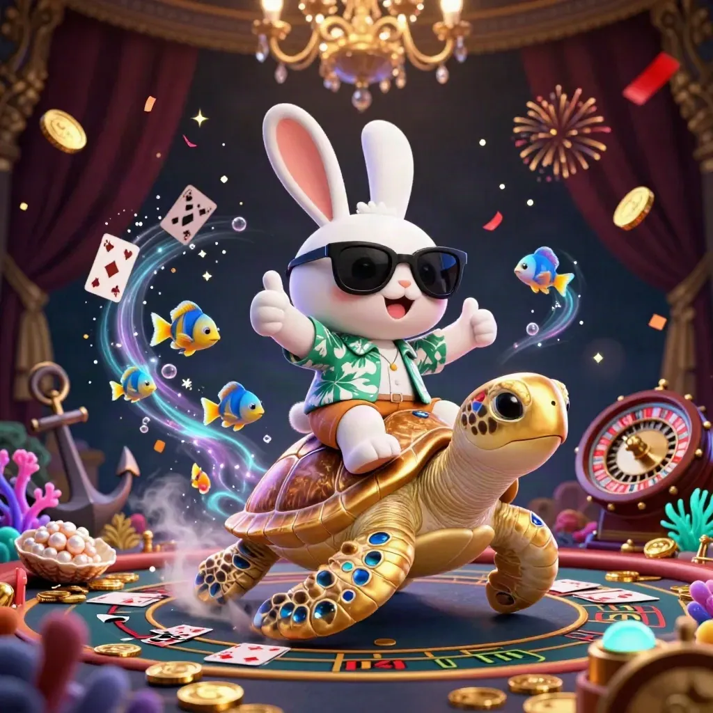 Lucky rabbit rides golden sea turtle amid treasure, roulette wheel, cards, coral, and casino glow.
