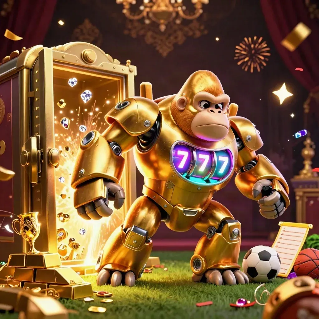 Golden gorilla mech with monkey pilot, vault burst, balls, gems, casino glow