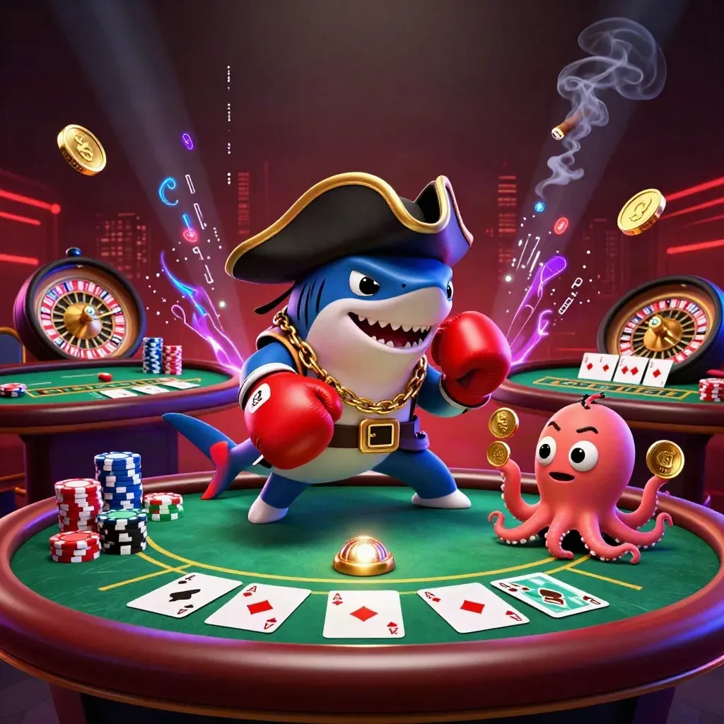 Pirate shark, boxing pufferfish, and coin-juggling octopus in a neon casino scene.