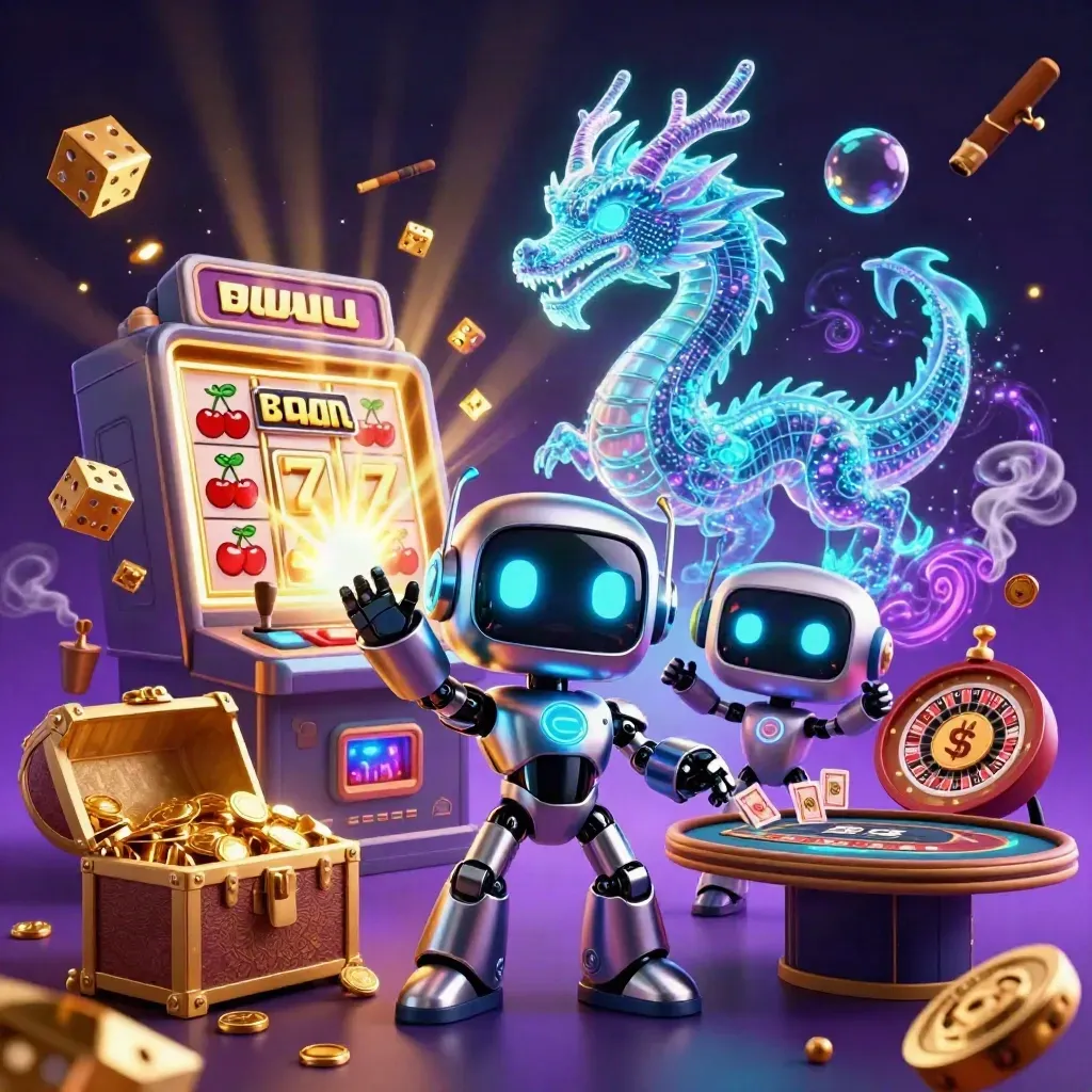 Cyberpunk robot, digital dragon and coin drone amid jackpot bursts in a neon casino room.