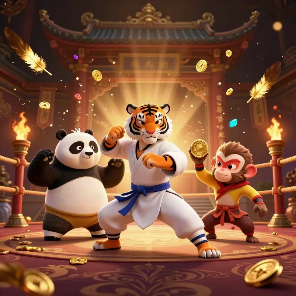 Kung-fu tiger, panda, and monkey in a luxe temple casino scene with gold bursts and glowing lights
